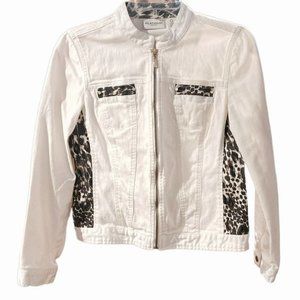 Chico’s Platinum Leopard Print White Denim Jacket